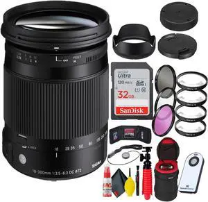 Sigma 18-300mm f/3.5-6.3 DC Macro OS HSM Contemporary Lens for Nikon F + 32GB SD Card Bundle