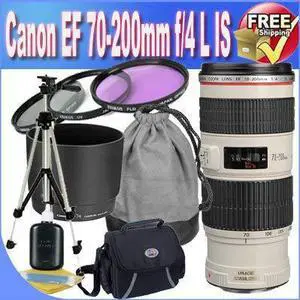 Canon EF 70-200mm f/4 L IS USM Lens for Canon Digital SLR Cameras + 67mm 3 Piece Professional Filter Kit + Professional Full Size Tripod + Shock Proof Deluxe SLR Case + Lens & Camera Cleaning Kit + Le
