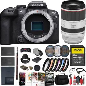 Canon EOS R10 Mirrorless Camera + Canon 70-200mm Lens + 64GB SD Card + More