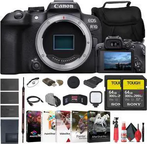 Canon EOS R10 Mirrorless Camera + 2 x Sony 64GB TOUGH SD Card + Bag + More