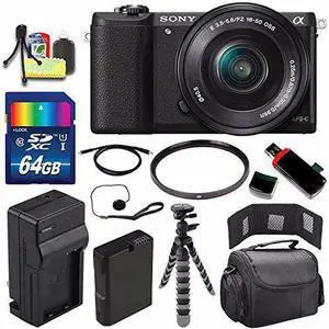 Sony Alpha a5100 Mirrorless Digital Camera with 16-50mm Lens (Black) + Battery + Charger + 64GB Bundle 3 - International