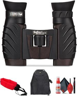 Steiner 8x22 Safari Ultrasharp Binoculars (4457) Bundle with Padded Backpack, Floating Wrist Strap, and 6Ave Cleaning Kit