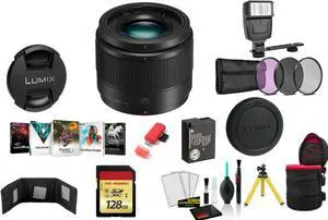 Panasonic Lumix G 25mm f/1.7 ASPH. Lens with 128GB Memory Card and More (International Model)