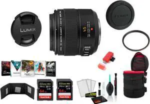 Panasonic Leica DG Macro-Elmarit 45mm f/2.8 ASPH. MEGA O.I.S. Lens with 2x 64 Memory Cards (International Model)