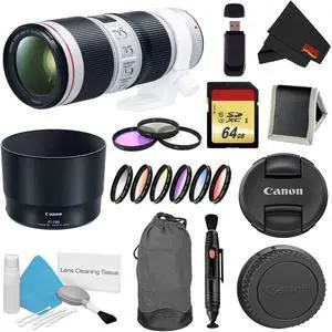 Canon EF 70-200mm f/4L IS II USM Lens Bundle w/ 64GB Memory Card + Accessories, 3 Piece Filter Kit, and Color Multicoated 6 Piece Filter Kit (Intl Model)