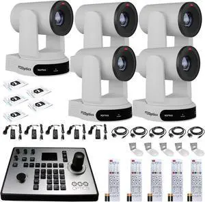 5 x PTZOptics Move 4K PTZ Camera with 30x Zoom (White) (PT30X-4K-WH-G3) + PT-JOY-G4 Controller + 5 x Wall Mount
