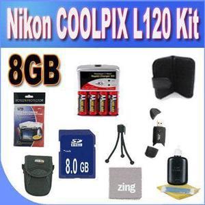 Nikon COOLPIX L120 8GB Accessory Saver Kit (8GB SDHC Memory Card+ Set of 4 NIMH Rechargeable AA Batteries+ Rapid Battery