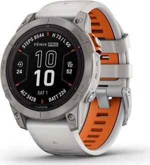 Garmin fenix 7 Pro – Sapphire Solar Edition, Titanium with Fog Gray/Ember Orange Band | Solar Charging GPS Smart Watch 010-02777-20