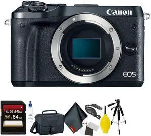 Canon EOS M6 Mirrorless Digital Camera (Body Only, Black) + 64GB Memory Card + Mega Accessory Kit + 2 Year Accidental Wa