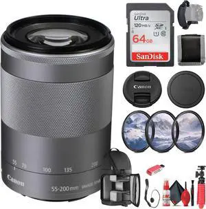 Canon EF-M 55-200mm f/4.5-6.3 IS STM Lens (Silver) (1122C002) + 64GB Card  - Bundle