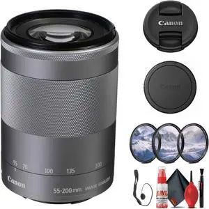 Canon EF-M 55-200mm f/4.5-6.3 IS STM Lens (Silver) (1122C002) + Filter Kit - Bundle