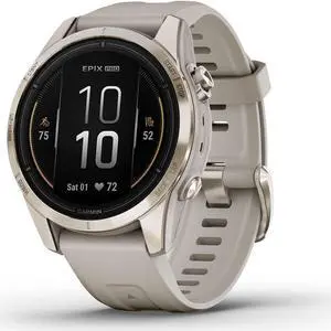 Garmin epix Pro (Gen 2) – Sapphire Edition, Soft Gold with Light Sand Band, 42mm | Smart Watch 010-02802-10