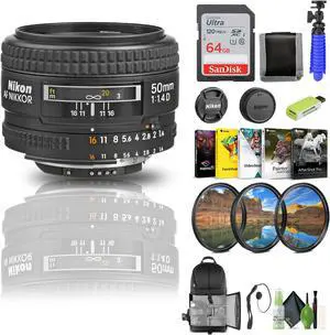 Nikon AF NIKKOR 50mm f/1.4D Lens (1902) + 64GB Memory Card + Filter Kit + BackPack - Bundle