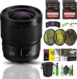 Panasonic Lumix S 24mm f/1.8 Lens Bundle With 2x 64GB Card + Lens Pouch + Accessories