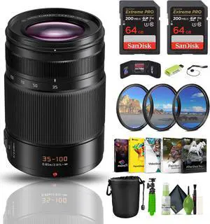 Panasonic Leica DG Vario-Elmarit 35-100mm f/2.8 Lens Bundle With 2x 64GB Card + Accessories