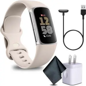 Fitbit Charge 6 Fitness Tracker Smartwatch- Porcelain/Silver Bundle