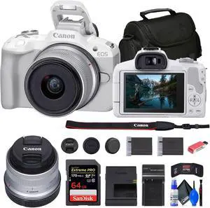 Canon EOS R50 Mirrorless Camera with 18-45mm Lens (White) + 64GB Card + Bag + More