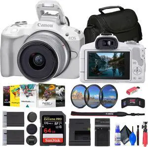 Canon EOS R50 Mirrorless Camera with 18-45mm Lens (White) + 64GB Card + Bag + More