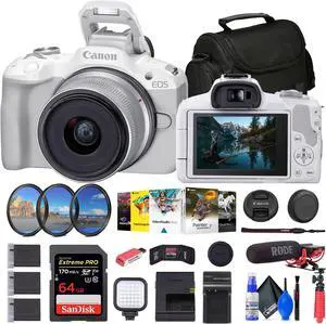 Canon EOS R50 Mirrorless Camera with 18-45mm Lens (White) + 64GB Card + Bag + More