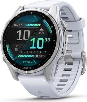 Garmin fnix® 8 - 43mm, AMOLED, Premium Multisport GPS Smartwatch, Long-Lasting Battery Life, Dive-Rated, Built-in LED Flashlight, Silver with Whitestone Band