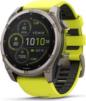 Garmin fnix® 8 - 51 mm, Solar, AMOLED, Sapphire, Premium Multisport GPS Smartwatch, Long-Lasting Battery Life, Dive-Rated, Built-in LED Flashlight, Titanium with Amp Yellow/Graphite Band