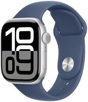 Apple Watch Series 10 [GPS 42mm case] Smartwatch with Silver Aluminium Case with Denim Sport Band - S/M. Fitness Tracker, ECG App, Always-On Retina Display, Water Resistant