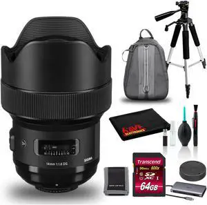 Sigma 14mm f/1.8 DG HSM Art Lens for Nikon F with Backpack, Tripod, and 64GB SD