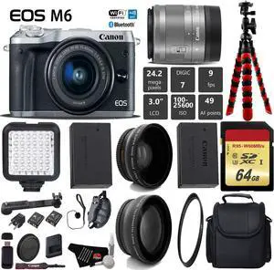 Canon EOS M6 Mirrorless Digital Camera (Silver) with EF-M 15-45mm IS STM Lens + LED + UV FLD CPL Filter Kit + Wide Angle & Telephoto Lens + Camera Case + Tripod + Card Reader - International Version