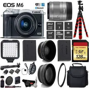Canon EOS M6 Mirrorless Digital Camera (Silver) with EF-M 15-45mm IS STM Lens + LED + UV FLD CPL Filter Kit + Wide Angle & Telephoto Lens + Camera Case + Tripod + Card Reader - International Version