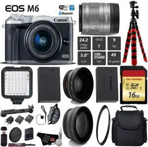 Canon EOS M6 Mirrorless Digital Camera (Silver) with EF-M 15-45mm IS STM Lens + LED + UV FLD CPL Filter Kit + Wide Angle & Telephoto Lens + Camera Case + Tripod + Card Reader - International Version