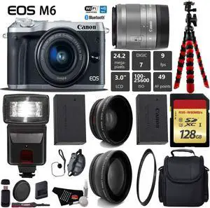 Canon EOS M6 Mirrorless Digital Camera (Silver) with EF-M 15-45mm IS STM Lens + Flash + UV FLD CPL Filter Kit + Wide Angle & Telephoto Lens + Camera Case + Tripod + Card Reader - International Version
