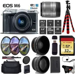 Canon EOS M6 Mirrorless Digital Camera (Silver) with EF-M 15-45mm IS STM Lens + UV FLD CPL Filter Kit + Wide Angle & Telephoto Lens + Camera Case + Tripod + Card Reader - International Version
