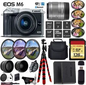Canon EOS M6 Mirrorless Digital Camera (Silver) + EF-M 15-45mm Lens + UV FLD CPL Filter Kit + 4 PC Macro Kit + Wide Angle & Telephoto Lens + Camera Case + Tripod + Card Reader - International Version