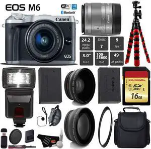 Canon EOS M6 Mirrorless Digital Camera (Silver) with EF-M 15-45mm IS STM Lens + Flash + UV FLD CPL Filter Kit + Wide Angle & Telephoto Lens + Camera Case + Tripod + Card Reader - International Version