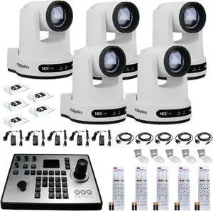 5 x PTZOptics Move 4K PTZ Camera with 12x Zoom (White) (PT12X-4K-WH-G3) + PT-JOY-G4 Controller + 5 x Wall Mount