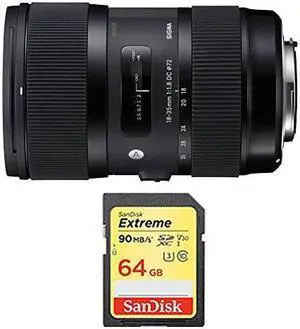 Sigma AF 18-35mm f/1.8 DC HSM Lens for Canon Includes Sandisk 64GB Extreme SD Memory UHS-I Card w/ 90/60MB/s Read/Write