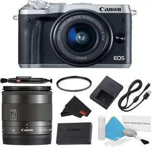 Canon EOS M6 Mirrorless Digital Camera with 15-45mm Lens (Silver) Basic Bundle w/ Bonus EF-M 11-22MM Lens - Intl Model