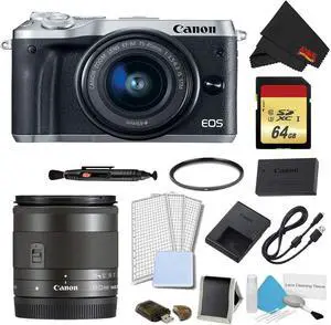 Canon EOS M6 Mirrorless Digital Camera with 15-45mm Lens (Silver) Plus Bundle w/ Bonus EF-M 11-22MM Lens - Intl Model