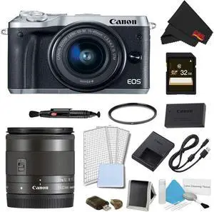 Canon EOS M6 Mirrorless Digital Camera with 15-45mm Lens (Silver) Advanced Bundle w/ Bonus EF-M 11-22MM Lens - Intl Model