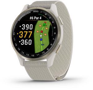 Garmin Approach® S50, Advanced Golf GPS Smartwatch, AMOLED Display, On-Course Features, Wrist-Based Heart Rate, Cream Gold Aluminum Bezel with Ivory ComfortFit Nylon Band