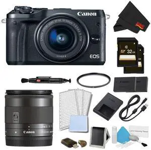 Canon EOS M6 Mirrorless Digital Camera with 15-45mm Lens (Black) Pro Bundle w/ Bonus EF-M 11-22MM Lens - Intl Model