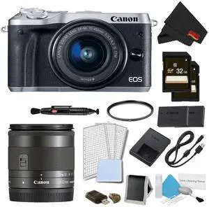 Canon EOS M6 Mirrorless Digital Camera with 15-45mm Lens (Silver) Pro Bundle w/ Bonus EF-M 11-22MM Lens - Intl Model