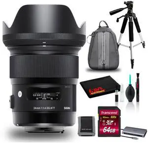Sigma 24mm f/1.4 DG HSM Lens for Canon EF with 64GB Card, Tripod, Bag, and More