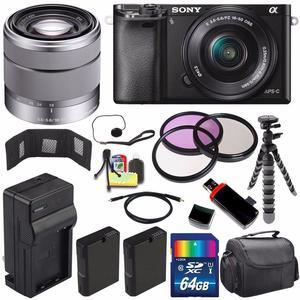 Sony Alpha a6000 Mirrorless Digital Camera with 16-50mm Lens (Black) + Sony SEL 1855 18-55mm Zoom Lens + 64GB Bundle 15 - International Version (No Warranty)