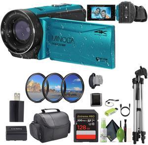 Minolta MN4K300WP 4K Ultra HD / 56 MP Waterproof Camcorder - Blue - Bundle