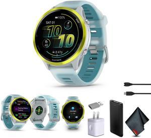 Garmin Forerunner 570 Running Smartwatch, 47MM WiFi, GPS Fitness Smart Watch For Men And Women, Amp Yellow Aluminum with Translucent Whitestone/Turquoise Band , Bundle