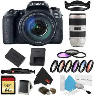 Canon EOS 77D DSLR Camera with 18-135mm Lens Bundle w/ 9 Piece Filter & Memory Kit + Bonus 70-200mm Lens (Intl Model)