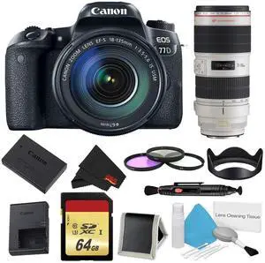 Canon EOS 77D DSLR Camera with 18-135mm Lens Bundle w/ 3 Piece Filter & Memory Kit + Bonus 70-200mm Lens (Intl Model)