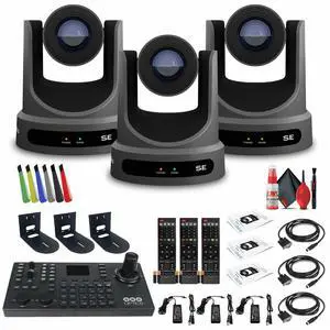 3 x PTZOptics Move SE PTZ Camera with 30x Optical Zoom (PT30X-SE-GY-G3) + SuperJoy PTZ Controller + 3 x Wall Mount