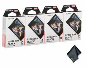4xFUJIFILM INSTAX MINI Black Instant Film (10 Exposures), Microfiber Cleaning Cloth, Bundle